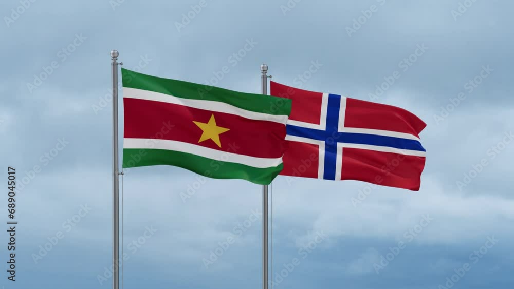 Norway flag and Suriname flag waving together on cloudy sky, endless seamless loop, two country relations concept Norway flag and Suriname flag waving together on cloudy sky, endless seamless loop, two country relations concept