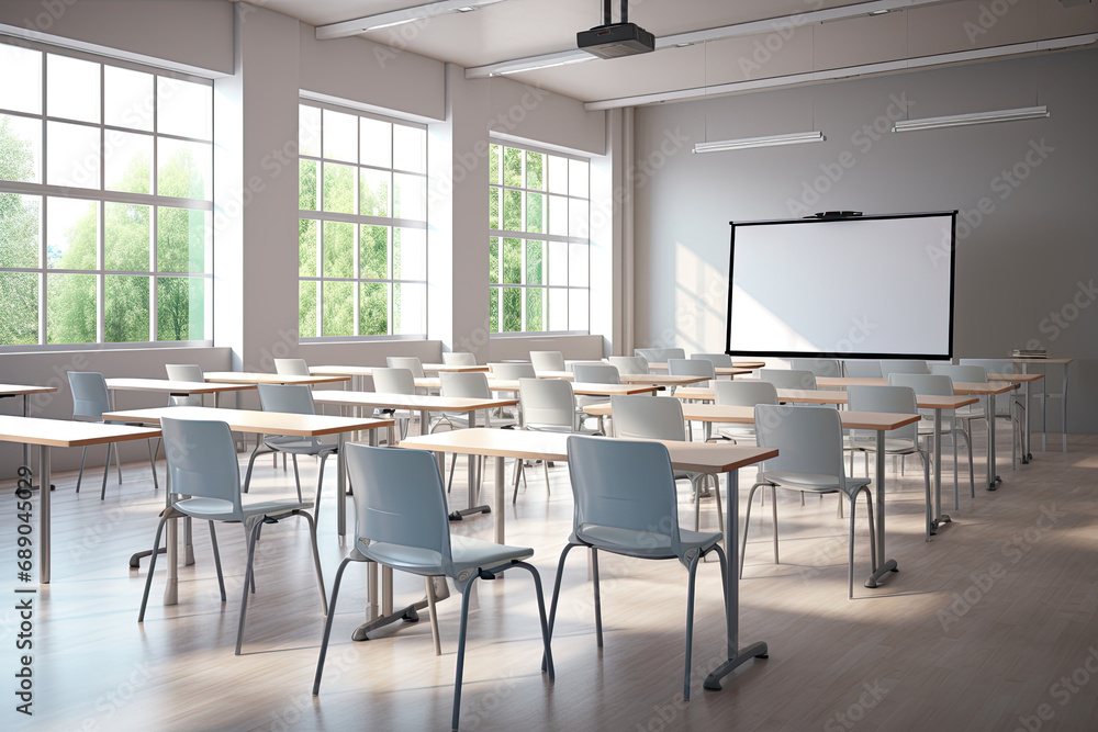 Modern educational institution with empty tables, chairs and blackboards. Ideal for focused learning and teaching. - obrazy, fototapety, plakaty 