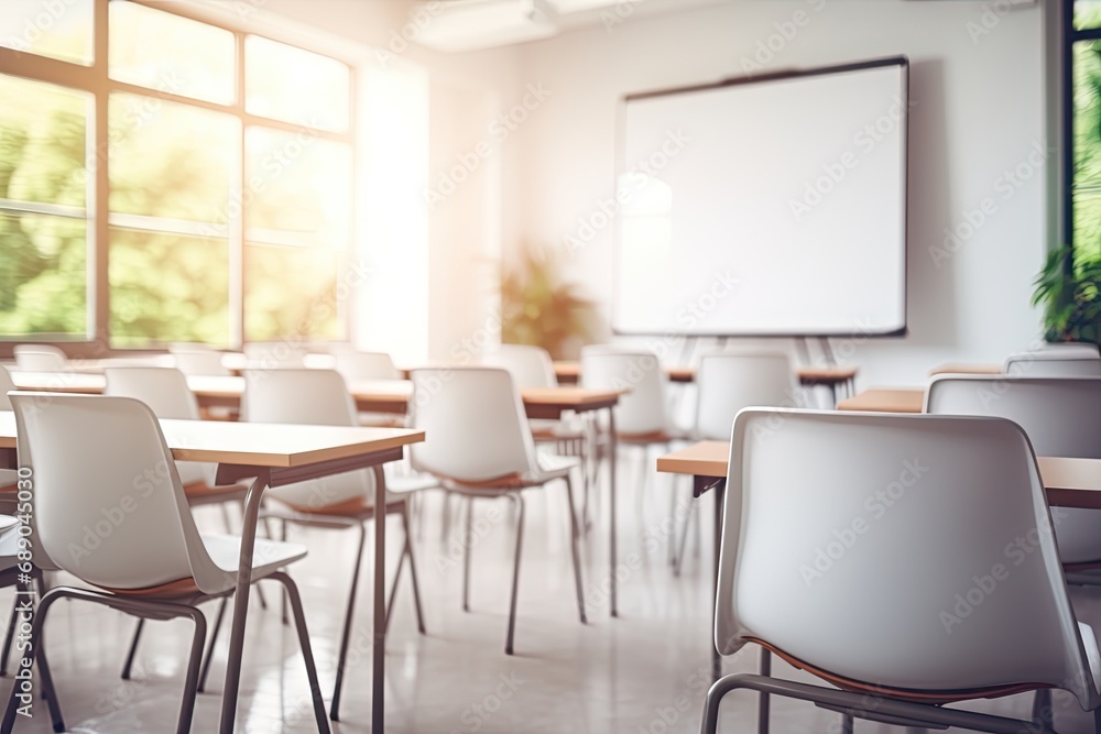 Fototapeta premium Educational setting with empty desks, chairs, blackboard. Teacher's room for training, teaching and lectures.