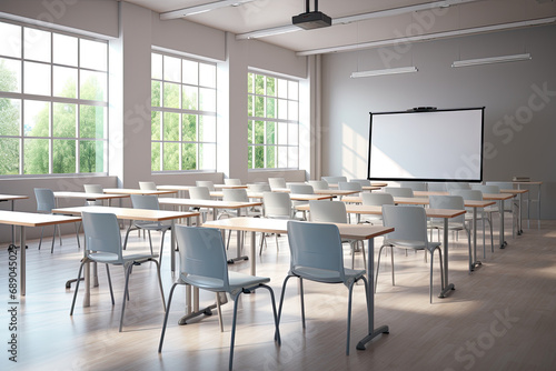 Modern educational institution with empty tables, chairs and blackboards. Ideal for focused learning and teaching. photo