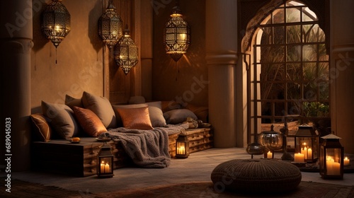 A cozy reading nook in Moroccan Mystique Sleeping Haven, with a plush seating area, Moroccan-inspired cushions, and intricate lanterns, providing a tranquil space for relaxation and contemplation.