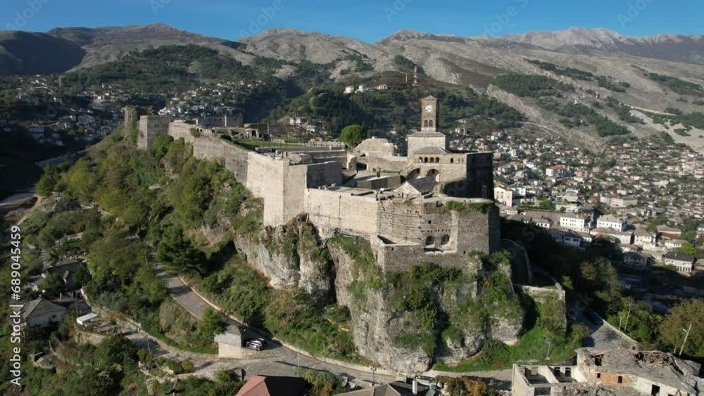 Gjirokaster castle-Clock tower, ottoman architecture town in Albania, Unesco World Heritage Site, Girocaster ancient town UNESCO, Albania,Europe, aerial panorama landscape view Gjirocastra Gjirokaster castle-Clock tower, ottoman architecture town in Albania, Unesco World Heritage Site, Girocaster ancient town UNESCO, Albania,Europe, aerial panorama landscape view Gjirocastra