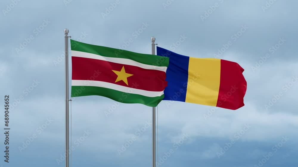Romania and Suriname flag waving together on cloudy sky, endless seamless loop, two country cooperation concept Romania and Suriname flag waving together on cloudy sky, endless seamless loop, two country cooperation concept