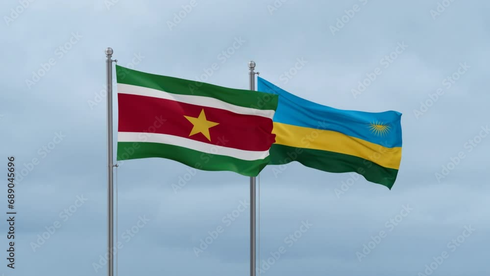 Republic of Rwanda and Suriname flag waving together on cloudy sky, endless seamless loop, two country cooperation concept Republic of Rwanda and Suriname flag waving together on cloudy sky, endless seamless loop, two country cooperation concept