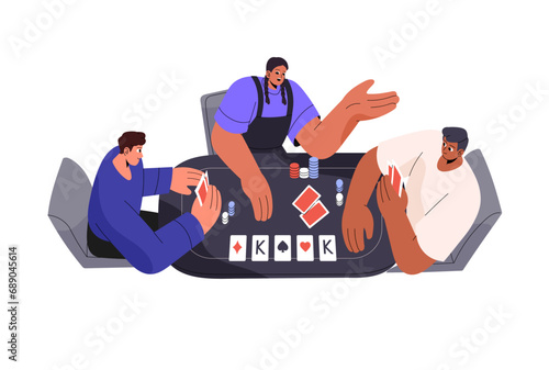 People sitting on the poker table in casino. Persons play cards, gambling board game. Gambler betting on blackjack tournament. Chance boardgame. Flat isolated vector illustration on white background