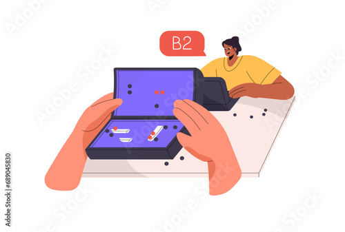 Sea battle boardgame. Happy people, players play battleship. Naval fight, combat strategic board, table game. Home entertainment, fun leisure. Flat isolated vector illustration on white background