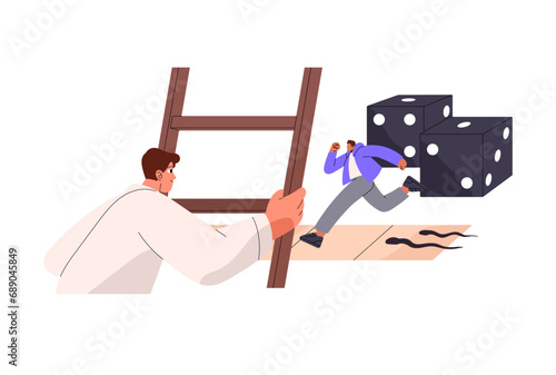 Chutes and ladders board game. Tiny people play dice, boardgame with die. Afraid person running from snakes on playing field. Home entertainment. Flat isolated vector illustration on white background