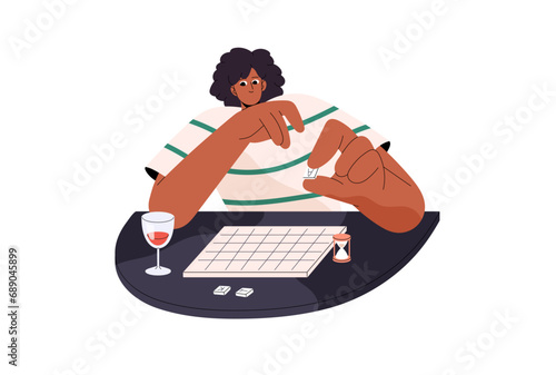 People play intelligence boardgame, brain board game. Woman makes words from letters, solves crossword. Home entertainment, leisure time. Flat isolated vector illustration on white background