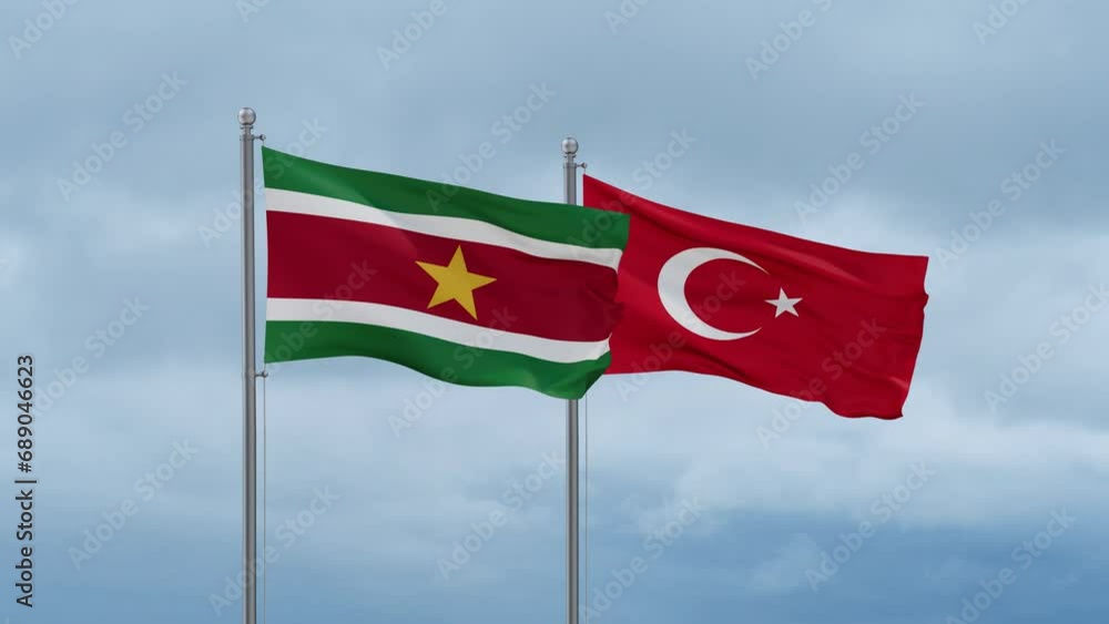 Republic of Turkey and Suriname flag waving together on cloudy sky, endless seamless loop, two country cooperation concept Republic of Turkey and Suriname flag waving together on cloudy sky, endless seamless loop, two country cooperation concept