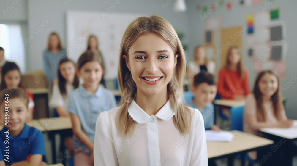 Portrait of smiling female teacher in a class at school looking at camera with learning students on background Portrait of smiling female teacher in a class at school looking at camera with learning students on background