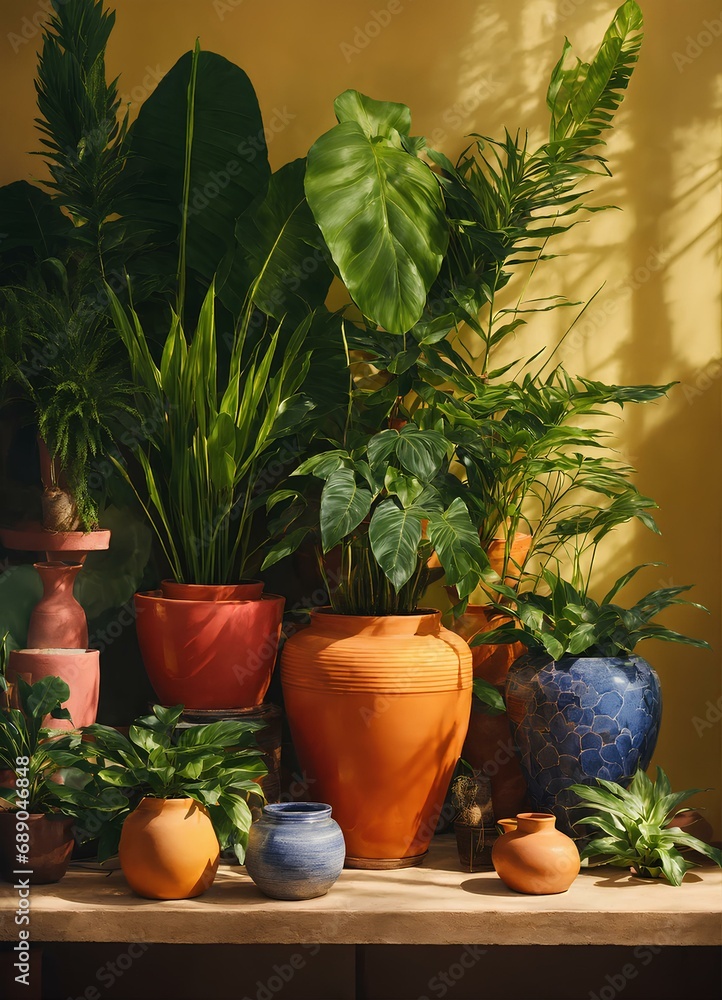 自宅の植物、鉢植え、花瓶、背景｜Home plants, potted plants, vases, background. Generative AI