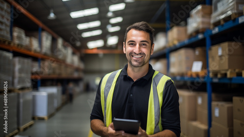 Smiling man holding a tablet looking at camera on a warehouse background