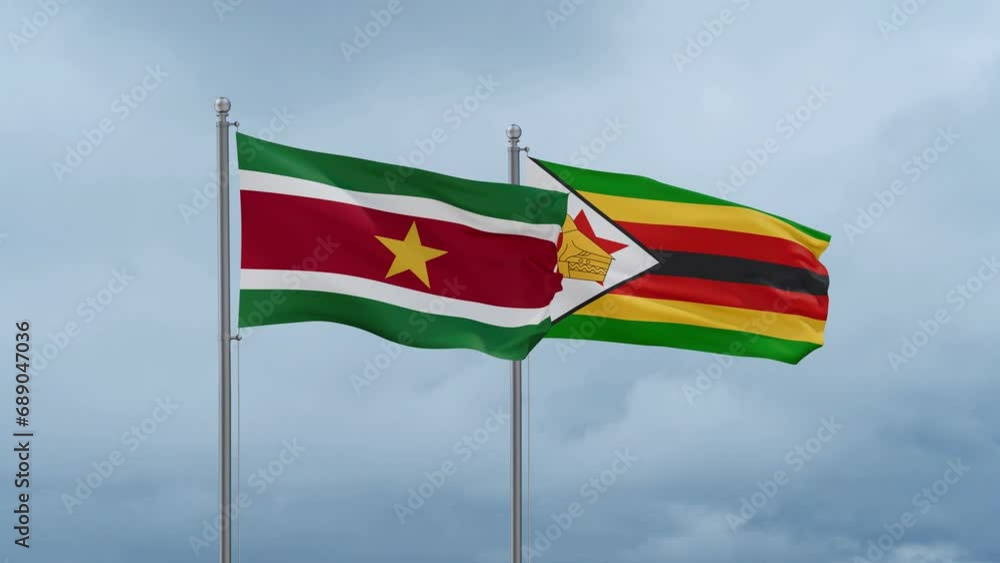 Zimbabwe and Suriname flag waving together on cloudy sky, endless seamless loop, two country cooperation concept Zimbabwe and Suriname flag waving together on cloudy sky, endless seamless loop, two country cooperation concept