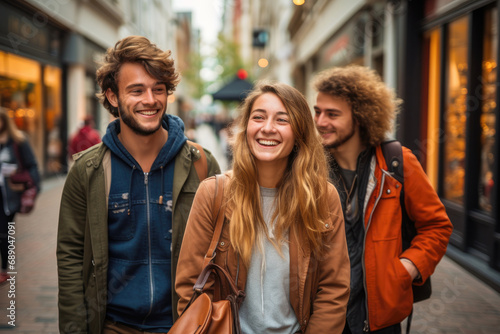 Portrait of three young people enjoying a city tour in autumn during a trip. Relationships and friends vacation concept Generative AI