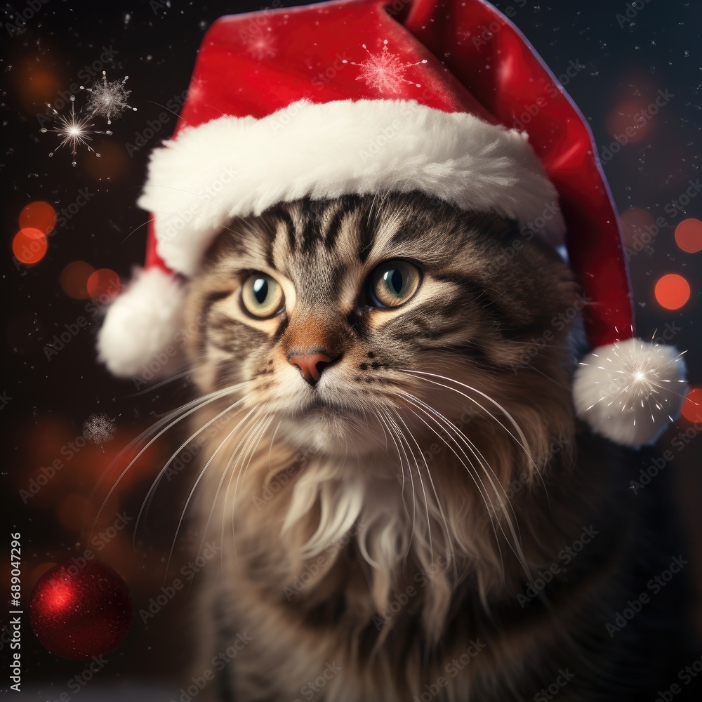 Cat in a red Santa Claus hat. Cat in a red Santa Claus hat.