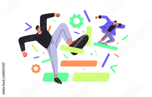 QA software engineers fix bugs in code. People review, break elements in script. Testers testing program, debugging development. Programming flat isolated vector illustration on white background