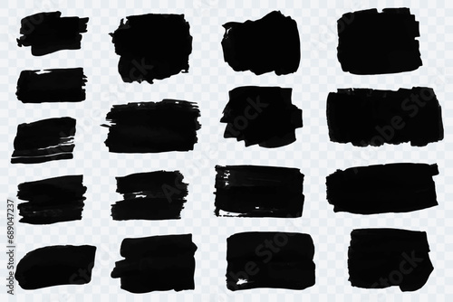 Set of brushes. Black brush stroke. Text frames and grunge patches.