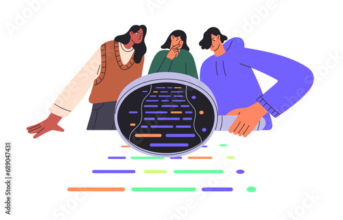 QA software engineer team with magnifying glass inspect code. Testers in teamwork find bugs in script. People search error in development. Programming flat isolated vector illustration on white