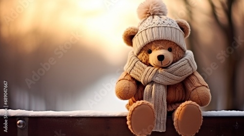 Teddy bear wearing bobble hat and yarn scarf