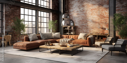Sala de estar em estilo industrial , Exposed Brick Walls and Industrial Charm ,cozy living room with a rustic brick wall and a comfortable blue couch. Generative AI 