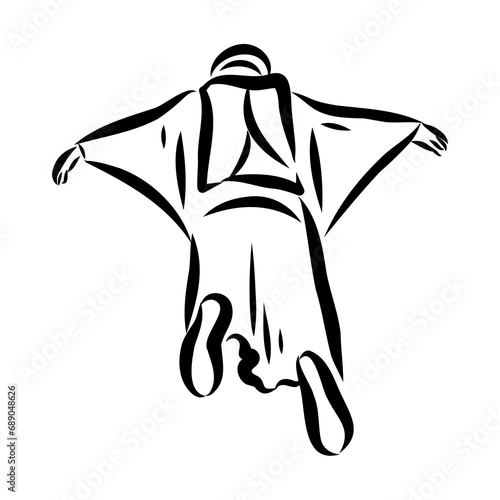 Hand drawn sketch of wingsuit in black isolated on white background.
