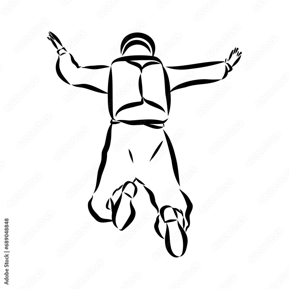 Hand drawn sketch of wingsuit in black isolated on white background. Hand drawn sketch of wingsuit in black isolated on white background.
