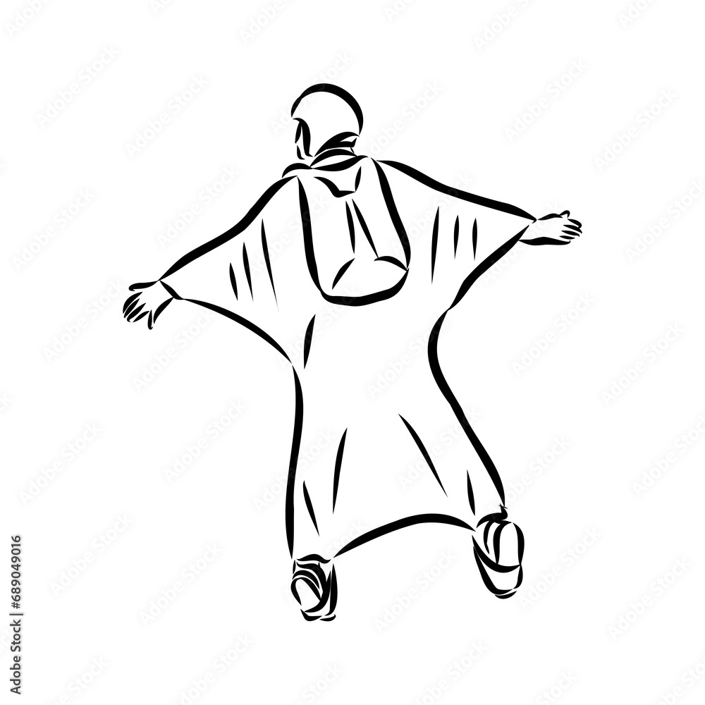 Fototapeta premium Hand drawn sketch of wingsuit in black isolated on white background.