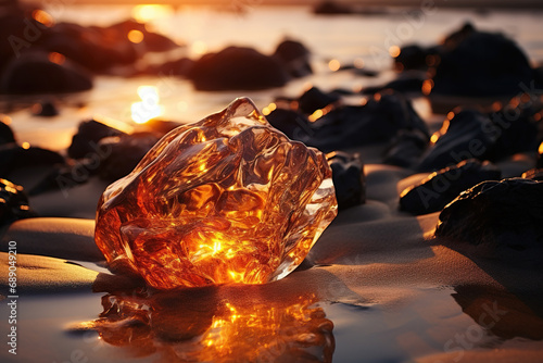 Large amber stone on the sand in the rays of sunset. Generative AI photo