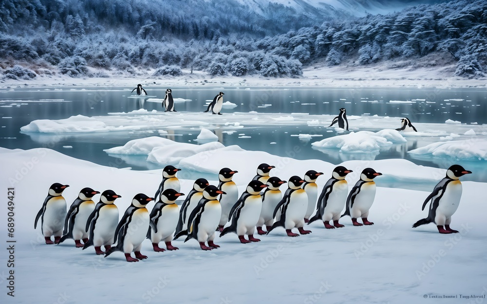 Obraz premium Icy Emissaries The Penguin Chronicles A Journey Through Frosty Realms and Charming Fellowship ai generated