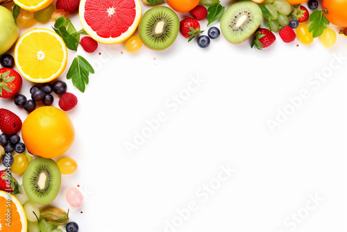 Fruchtige Umrandung - Ein kunstvoller Hintergrund mit einem Rahmen aus vielfältigen und farbenfrohen Früchten für eine gesunde und appetitliche Kulisse