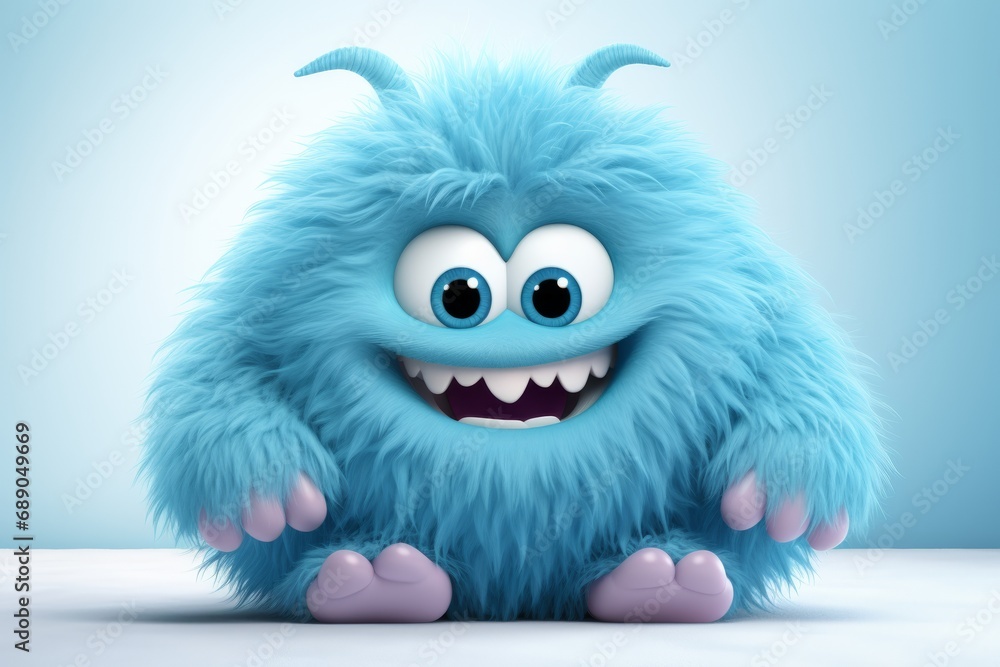 Cute blue furry monster 3D cartoon character - obrazy, fototapety, plakaty 