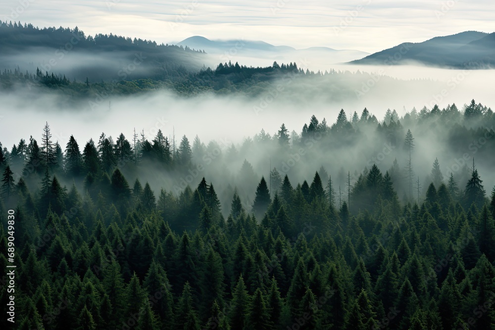 Fototapeta premium A misty and mysterious forest landscape with pine trees, creating a moody and scenic atmosphere.