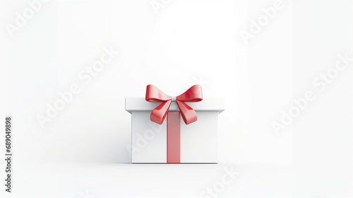 Blank white present box open or gift box with red ribbons and bow isolated on white grey background with shadow and blank space minimal conceptual 3D rendering