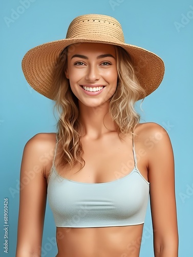 Photo beautiful latin young woman wearing hawaii flower crown on pastel background 