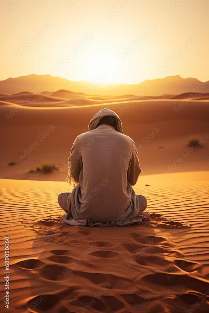 young religious muslim man praying sitting on the desert sand