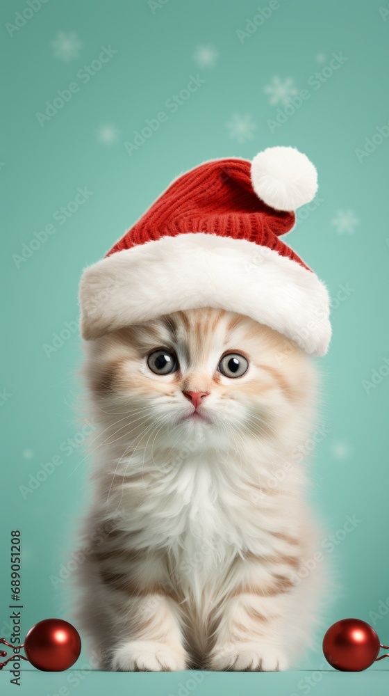 Adorable cat wearing a Christmas hat, framed against a minimal pastel grey color background. Focused on expressive eyes for a heartwarming composition. Adorable cat wearing a Christmas hat, framed against a minimal pastel grey color background. Focused on expressive eyes for a heartwarming composition.