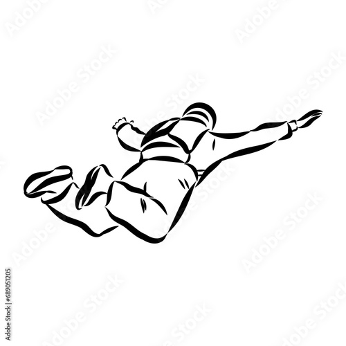 Hand drawn sketch of wingsuit in black isolated on white background.