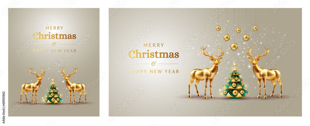Christmas cards with christmas tree, deers, snow, hanging christmas balls decoration - luxury gold color vector illustration. Happy holidays