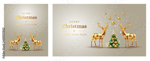 Christmas cards with christmas tree, deers, snow, hanging christmas balls decoration - luxury gold color vector illustration. Happy holidays
