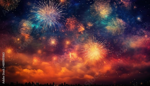 Colorful festive fireworks in dark night sky. Celebration background for New Year or Independence day.