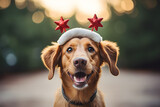 Brown Golden Retriever dog wearing Christmas star headband costume in bokeh background
