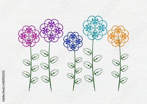 Bouquet de cinq fleurs stylisées sur du papier blanc