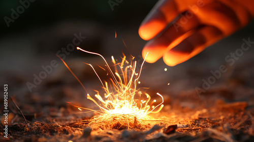 a single tiny spark being fanned on kindling to begin a small fire