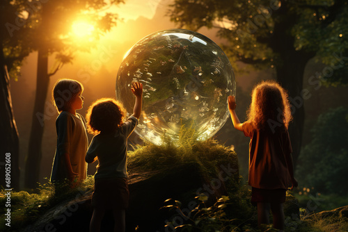 Family hold in hand globe earth outdoor sunlight, concept savenature world, Environmental protection, future generations, green living, AI generative.