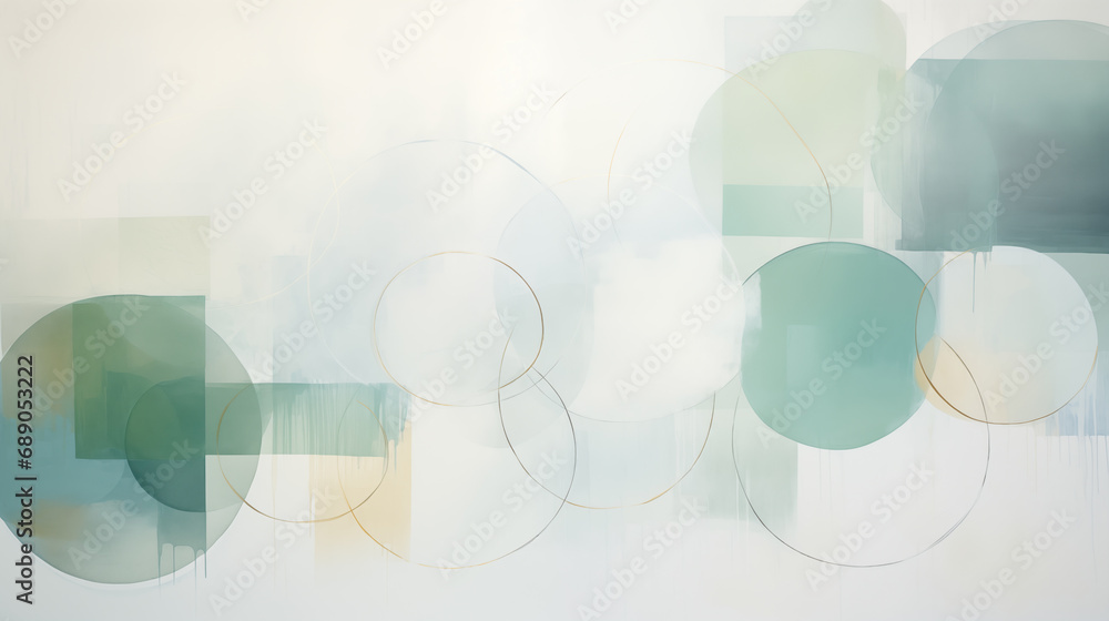 Obraz premium Abstract oil painting made out of circles, tranquil serenity, muted tones, kinetic artwork, bold brush strokes, transparency and opacity, precisionist lines and shapes