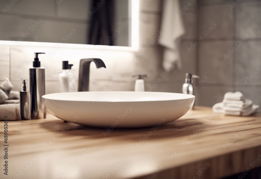 Fototapeta premium Armonia Neutra- Tavolo in Legno Vuoto in un Bagno dall'Atmosfera Rilassante