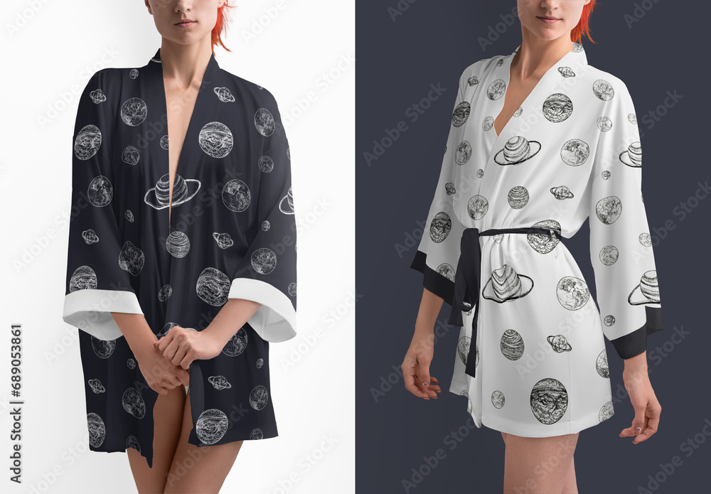2 Mockups of Women's Silk Robe with Belt Stock Template | Adobe Stock