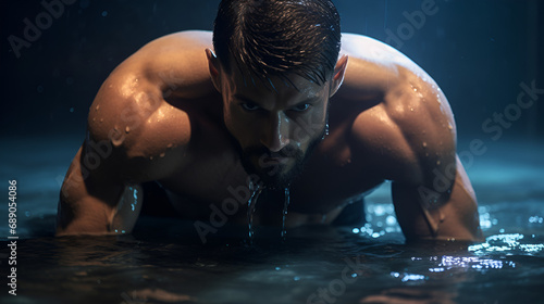 a muscular male swimmer crouching down to touch the water