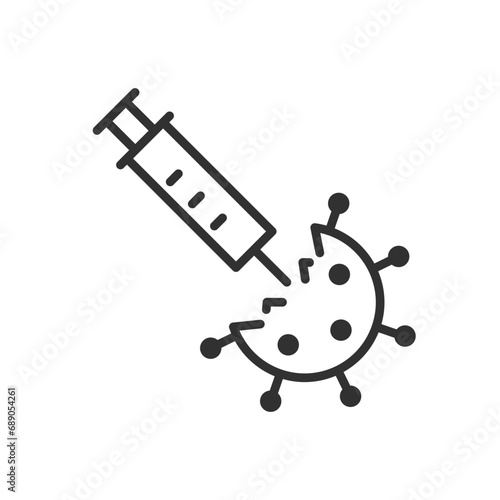 A syringe of medicine destroys the virus, linear icon. Line with editable stroke