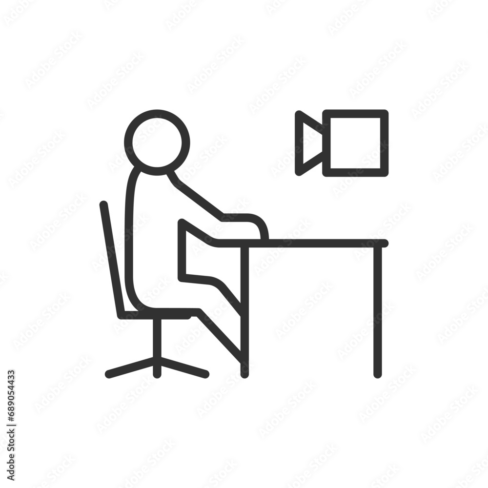 Video call, linear icon, person at the table in front of the camera. Line with editable stroke Video call, linear icon, person at the table in front of the camera. Line with editable stroke
